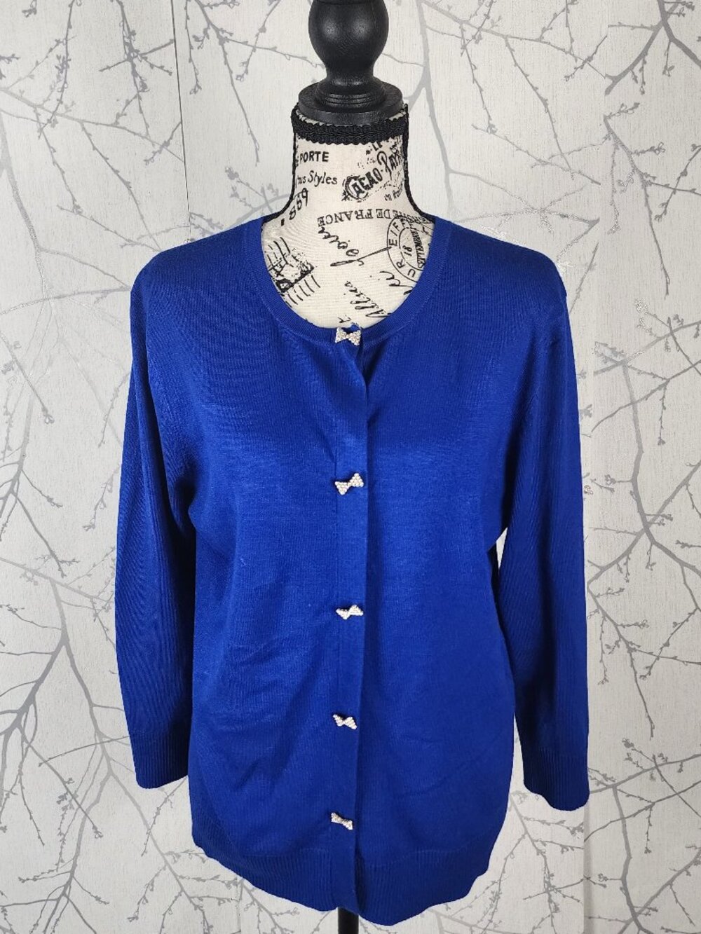 Cable & Gauge Royal Blue Knit Jewel Bow Button Front Cardigan